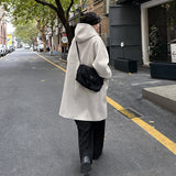 High Street Horn Button Woolen Trench Men Preppy Casual Long Loose Windbreaker Winter Hooded Jacket Coats Fashion Trenchcoat