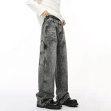 High Street Splicing Jeans Men's Wash Pattern Deconstructed Casual Jeans Solid Color Straight Wide Leg Male Bottom