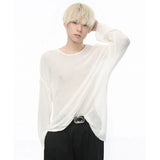 Korean Style Men's T-shirt Hollow Out Round Neck Autumn New Long Sleeve Trend Soild Color Male Pullover Clothing