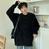 Bead Design Men Pullover Sweaters Korean Stylish Round Collar Solid Color Plush Male Pullovers Chic Spring New