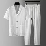 Fashion Men's Two Piece Sets Spring Summer Casual Short Sleeve Shirts Pants Suit Solid Geometry Pattern Printed Outfit Men