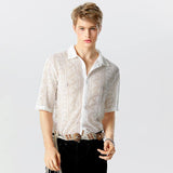 Men Shirt Mesh See Through Lapel Sexy Short Sleeve Lace Button Camisas Streetwear Party Nightclub Men Clothing