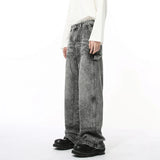 High Street Splicing Jeans Men's Wash Pattern Deconstructed Casual Jeans Solid Color Straight Wide Leg Male Bottom