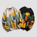 Autumn Harajuku Knitted Sweater Men Women Winter Cartoon Full Cat Print Pullover Vintage Causal Loose Sweaters Streetwear