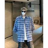 Men Shirt Plaid Tie-dye Long Sleeve Mens Casual Loose Shirt Autumn High Quality Oversized Male Checked Shirt Red/Blue/Gray