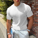 Handsome Well Fitting Tops New Men Knitted O-Neck Well Fitting T-shirts Casual Fashion Solid Short Sleeve Camiseta S-5XL