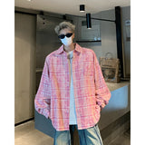 Autumn Fashion Men Women Plaid Shirts Oversize Button Up Long Sleeve Tops Korean Loose Casual Outwear Couples Shirt Pink/Blue