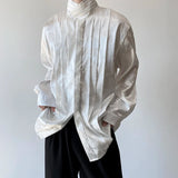 Pleated Stand Collar Jacquard Satin Trend Men's Shirt Long Sleeved Fashionable Autumn Male Tops Solid Color