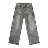 High Street Splicing Jeans Men's Wash Pattern Deconstructed Casual Jeans Solid Color Straight Wide Leg Male Bottom