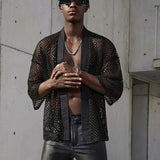 Mesh See-through Fishnet Mens Shirt Cardigan Fashion Sexy Shawl Nightclub Wear Tops 3/4 Sleeve Camisas Streetwear For Men