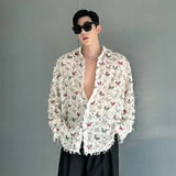 Korean Style Men's Shirt Butterfly Printing Tassel Design Loose Long Sleeve Lapel Single Breasted Fashion Male Top