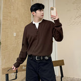 Winter Korean Crew Neck Knitted Fake Two Pieces Pullovers Men Casual Solid Color Button Fashion Goes Everything