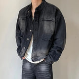 Mens Hip-hop Denim Jacket Gradient Rough Edge Shoulder Pads Cowboy Coat Single Breasted Short Fashion Casual Men Outwear New