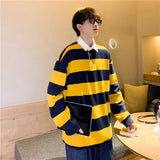 Men's Long Sleeve Loose Tide Brand Lapel POLO Shirt Striped Top Clothes Versatile