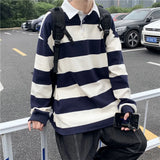 Men's Long Sleeve Loose Tide Brand Lapel POLO Shirt Striped Top Clothes Versatile