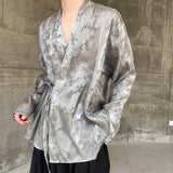 Chinese Style V-neck Shirts Spring Male Printing Vintage Tops Long Sleeve Lace-up Men's Wear New Stylish Tops