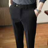 Spring Autumn Men Pinstripe Suit Pants Korean Style Solid Business Casual Work Trousers Fit Slim Black Beige