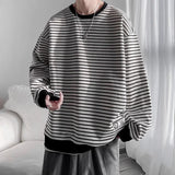 Long Sleeved T-shirt Men's Hong Kong Style Trend Ins Loose T-shirt Striped Sweatshirt Base Shirt Men's Top Coat