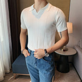 British Style POLO Shirts Men Knitting Short Sleeve Shirts Solid Color Lapel Business Casual Top Summer Social Clothing