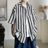 Summer Men's Hawaiian Shirts Man Short Sleeve Shirt Striped Oversized Clothes Collgeg Boy Casual Blouse Hip Hop Streetwear