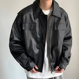 Men's Casual Texture PU Leather Jacket High Street Zippers Turn-down Collar Long Sleeve Retro Coat with Pocket Autumn New