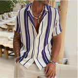 New Men's Slub Cotton Shirt Stripe Short Sleeve Collar Cardigan Summer Fashion Loose Oversize Shirts Top Streetwear Male