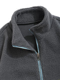 Men's Casual Fleece Fluffy Colorblock Stand Collar Zip Up Pocket Applique Design Jacket