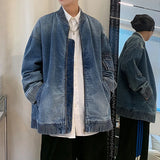 Men's Trendy American Vintage Streetwear Oversized Washed Denim Jacket Y2K Harajuku Korean Casual Long Sleeve Zipper Cowboy Coat