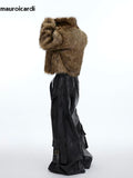 Winter Short Thick Warm Brown Hairy Soft Faux Fur Coat Men with Turn-down Collar Long Sleeve Fluffy Jackets