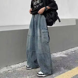 Spring Autumn Men Baggy Jeans Men Wide Leg Pants Big Pockets Elastic Waist Streetwear Trousers Male Loose Denim Pants