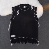 Autumn New Men's Fringe Vest Sweater American Style Street Destructive Sense Round Neck Knitted Top Jacket Casual Scene