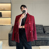 Chic Men's Red Blazer Jacket Shiny Silk Plaid Stage Prom Dress Clothing Autumn Winter Desinger Casual Tweed Suit Coat