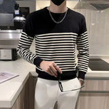 Autumn Winter New Fashion Round Long Sleeve Patchwork Striped Pullovers Men's Clothing Casual Sweaters Loose Korean Trend Tops