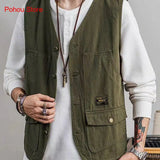 Summer Retro Loose and Thin Japanese Multi Pocket Workwear Sleeveless Vest Men