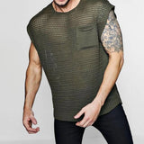 Hollowout Green Knit Shirt Mesh Vest Man Transparent Sexy Sleeveless Top Tees Men's Tank Tops See Through Clothing Streetwear