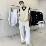 Man Clothes Beige Vest Waistcoat Knitted Sweaters for Men V Neck Sleeveless Order Korean Fashion Over Fit Knit Large Big Size X