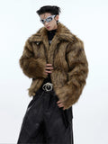 Winter Short Thick Warm Brown Hairy Soft Faux Fur Coat Men with Turn-down Collar Long Sleeve Fluffy Jackets 