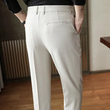 Spring Autumn Men Pinstripe Suit Pants Korean Style Solid Business Casual Work Trousers Fit Slim Black Beige