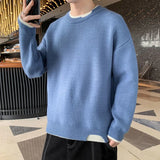 Man Clothes Pullovers Round Collar Knitted Sweaters for Men Solid Color Plain Green Crewneck Cotton Thick Winter Elegant Baggy S