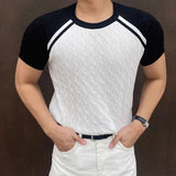 Summer Men's Clothing Light Luxury Knit O Neck Short-sleeved T Shirt Patchwork Leisure Korean Popular Streetwear Retro Knitwear