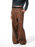 Spring Autumn Long Loose Casual Brown Pu Leather Pants Men Wide Leg LUxury Designer Unisex Trousers Fashions