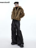 Winter Short Thick Warm Brown Hairy Soft Faux Fur Coat Men with Turn-down Collar Long Sleeve Fluffy Jackets