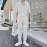 Summer Pleated Sets Men Fashion Black/White Casual Ice Silk Suit Men Korean Short-sleeved Shirt/Trousers Two-piece Mens Set