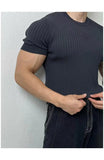 Summer New Men Thin Knitted T Shirts Slim Fit Elastic Short Sleeve O Neck Tee Fashion Solid Color Ribbed Muscle T-shirt Male