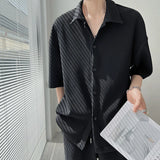 Summer Pleated Sets Men Fashion Black/White Casual Ice Silk Suit Men Korean Short-sleeved Shirt/Trousers Two-piece Mens Set