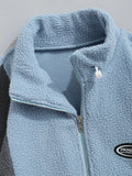 Men's Casual Colorblock Fleece Fluffy Zip Up Stand Collar Pocket Toggle Drawstring Applique Design Jacket