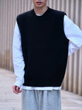 Knit Sweater Male Sleeveless Solid Color Men's Clothing Waistcoat Vest Crewneck Black Round Collar Plain Korean 2024 Autumn Old