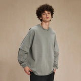 Spring Trendy Men's Top Fake Two Piece Curled Edge Round Neck Long Sleeve T-shirt Men Tie Dyeing Washed Streetwear