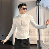 Mock Neck Men's T-shirts Casual Printing Slim Long Sleeve Male Tees Contrast Color Niche Design Spring New