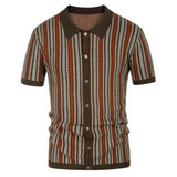 Men's Summer Casual Stripe Shirts Knitted Vintage British Breathable Patchwork Short Sleeve Jacquard Business Polo Shirt